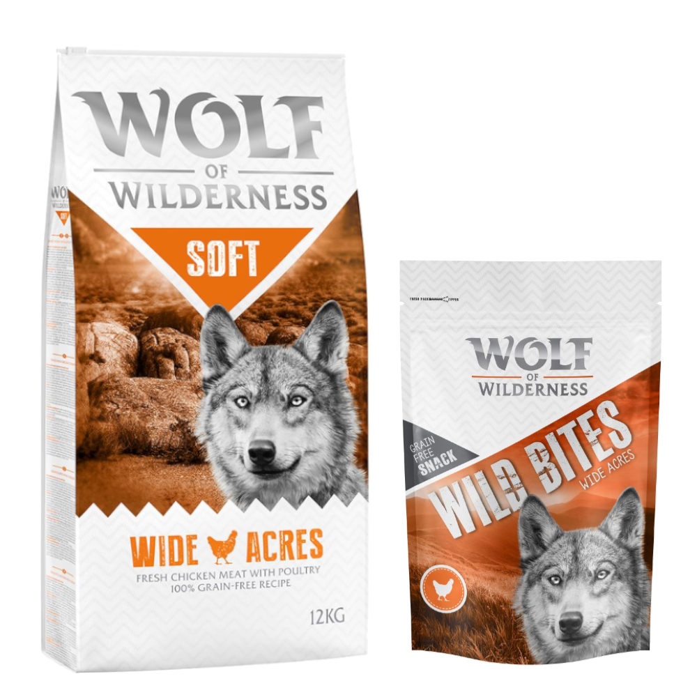 12 kg Wolf of Wilderness + 180 g Wild Bites Snack gratis! Soft Wide Acres - Huhn + Huhn Snack von Wolf of Wilderness