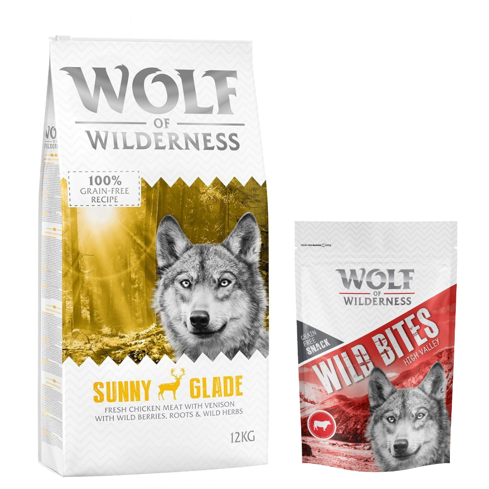 12 kg Wolf of Wilderness + 180 g Wild Bites Snack gratis! Sunny Glade - Hirsch + Rind Snack von Wolf of Wilderness