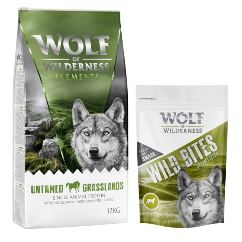 12 kg Wolf of Wilderness + 180 g Wild Bites Snack gratis! Untamed Grasslands - Pferd + Lamm Snack (Monoprotein) von Wolf of Wilderness