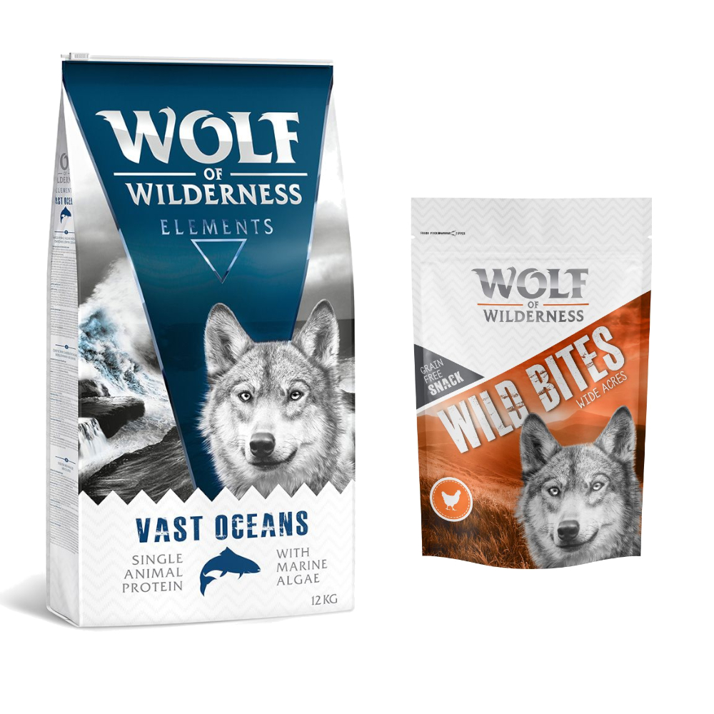 12 kg Wolf of Wilderness + 180 g Wild Bites Snack gratis! Vast Oceans - Fisch  + Huhn Snack (Monoprotein) von Wolf of Wilderness