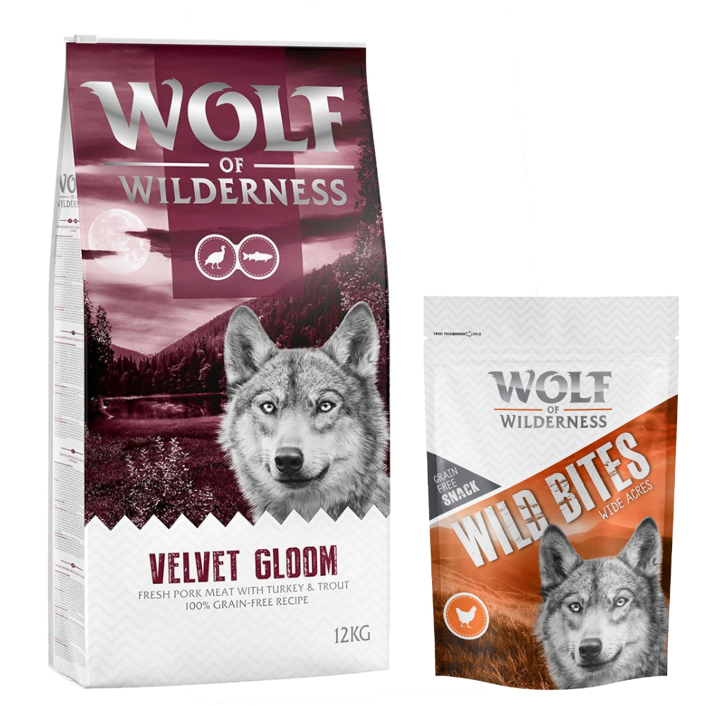 12 kg Wolf of Wilderness + 180 g Wild Bites Snack gratis! Velvet Gloom - Pute & Forelle + Huhn Snack von Wolf of Wilderness