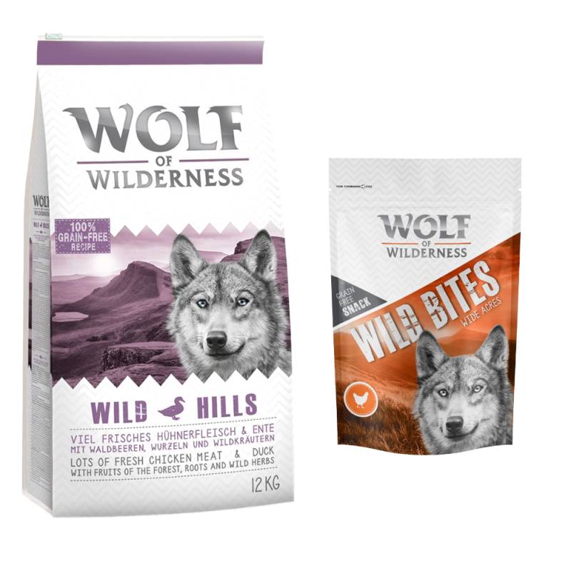 12 kg Wolf of Wilderness + 180 g Wild Bites Snack gratis! Wild Hills - Ente + Huhn Snack von Wolf of Wilderness