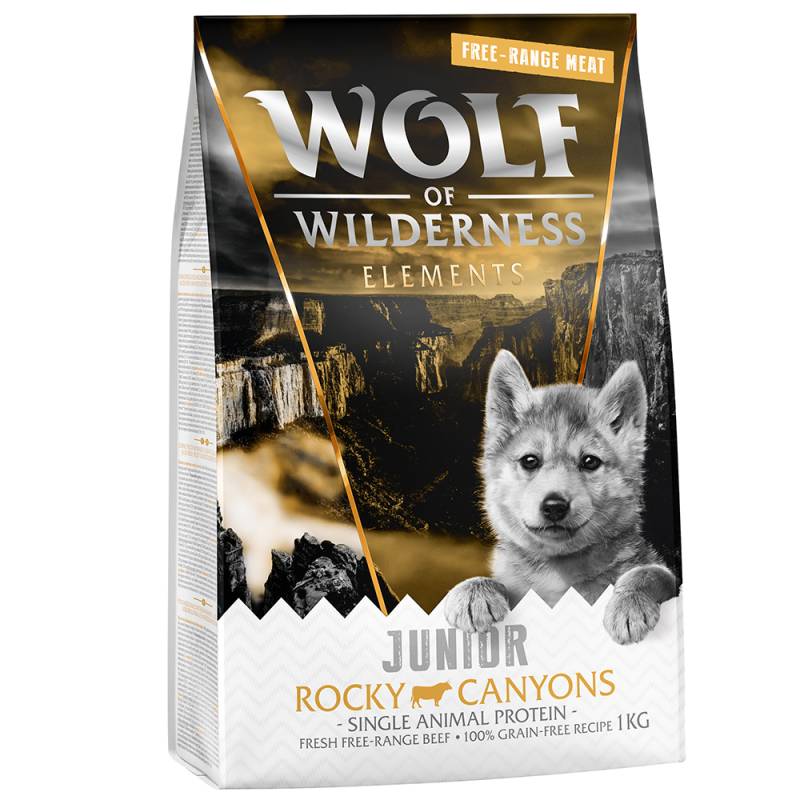 15 % Rabatt auf 1 kg Wolf of Wilderness - JUNIOR Sensitiv "Rocky Canyons" Freiland-Rind von Wolf of Wilderness