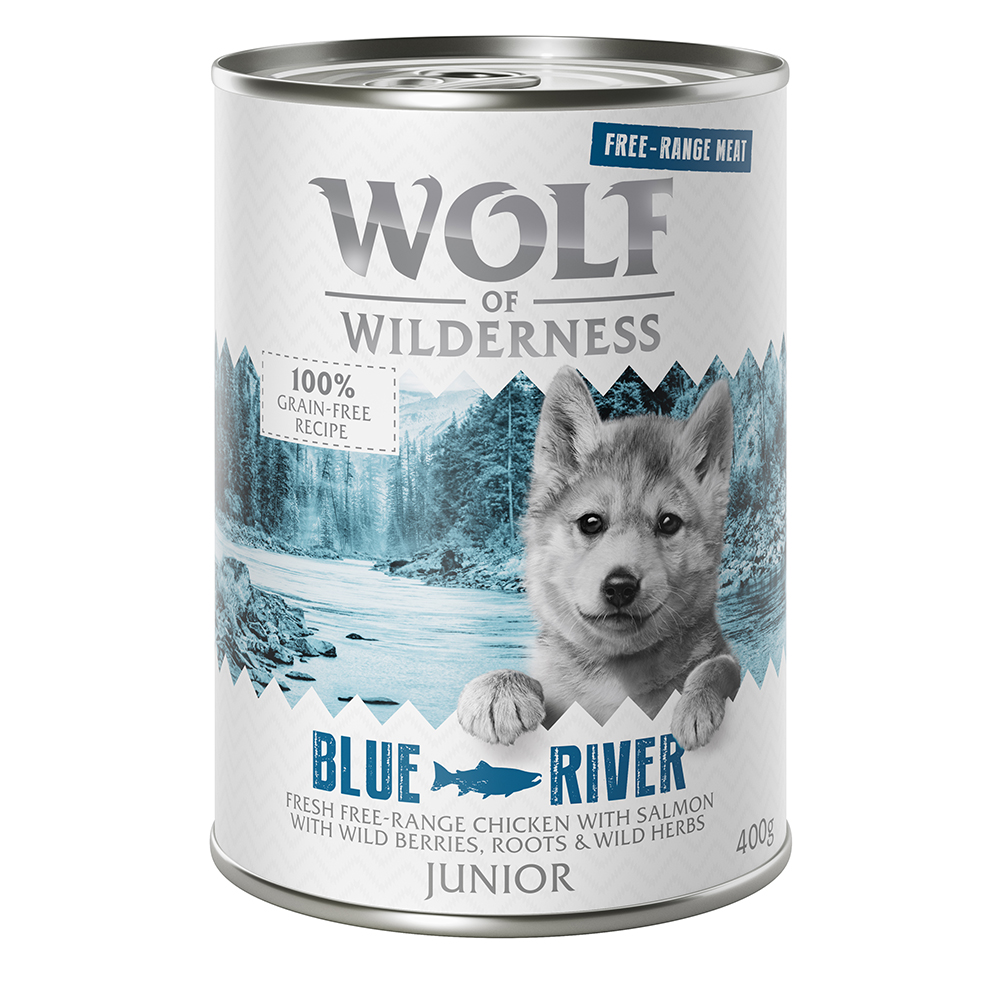 24 x 400 g Wolf of Wilderness zum Sonderpreis! - JUNIOR Blue River - Freiland-Huhn & Lachs von Wolf of Wilderness