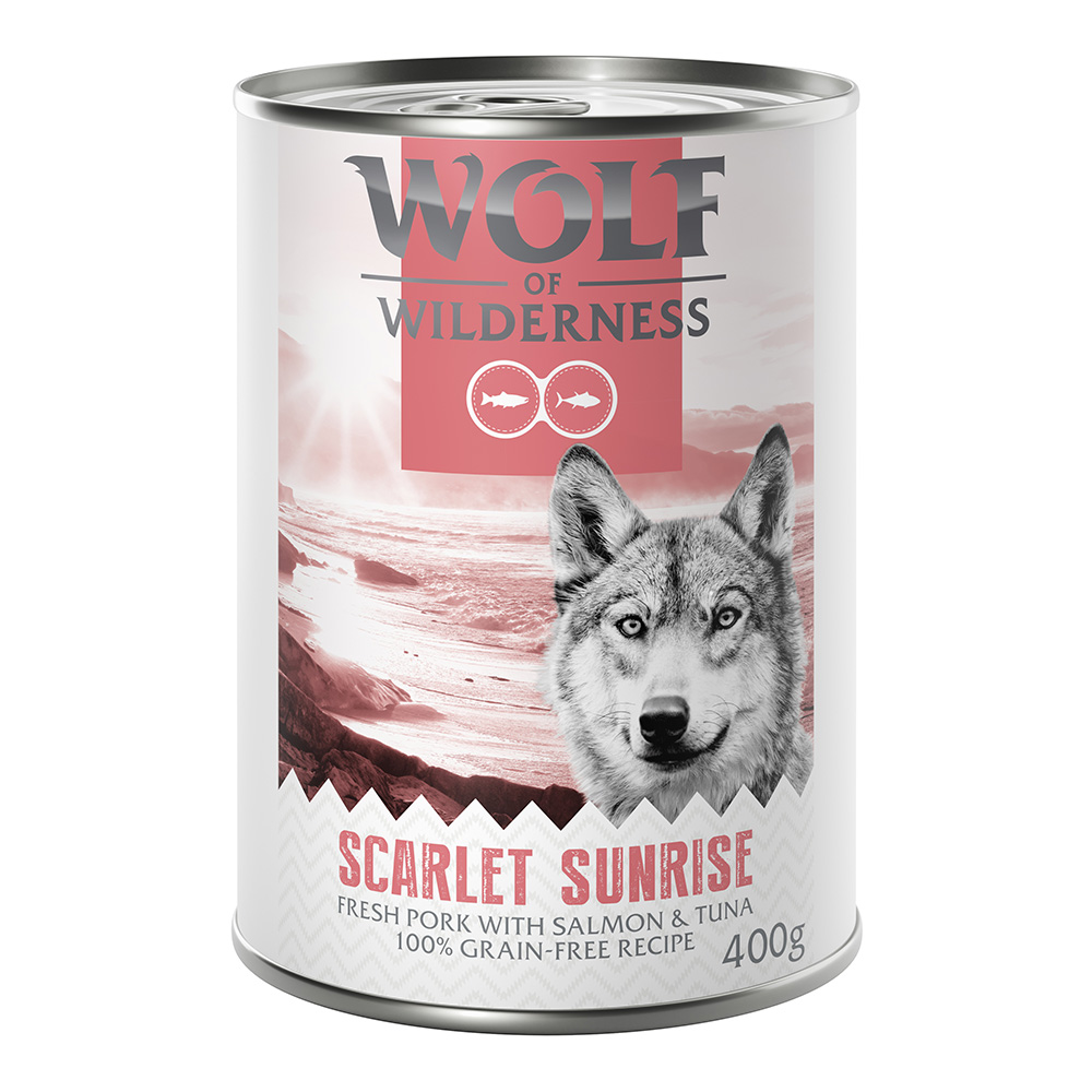 24 x 400 g Wolf of Wilderness zum Sonderpreis! - Scarlet Sunrise - Schwein, Lachs, Thunfisch von Wolf of Wilderness