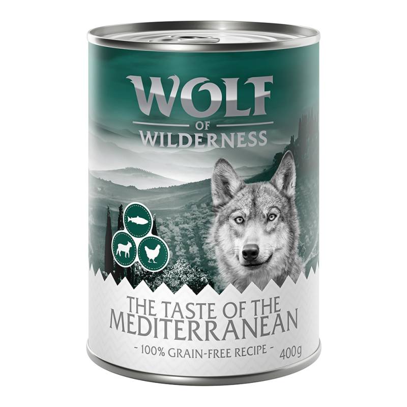 5 + 1 gratis! 6 x 400 g Wolf of Wilderness  - Mediterranean - Lamm, Huhn, Forelle von Wolf of Wilderness