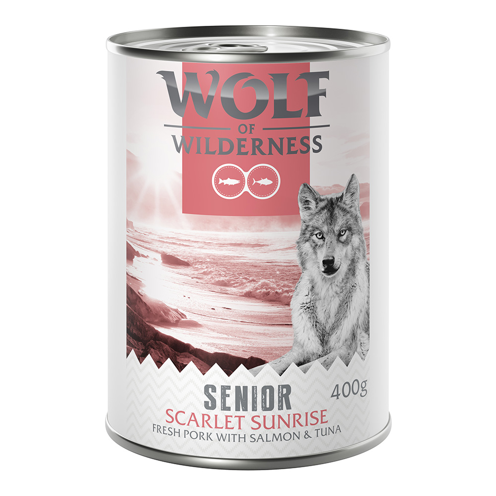 5 + 1 gratis! 6 x 400 g Wolf of Wilderness  - SENIOR: Scarlet Sunrise - Schwein, Lachs, Thunfisch von Wolf of Wilderness