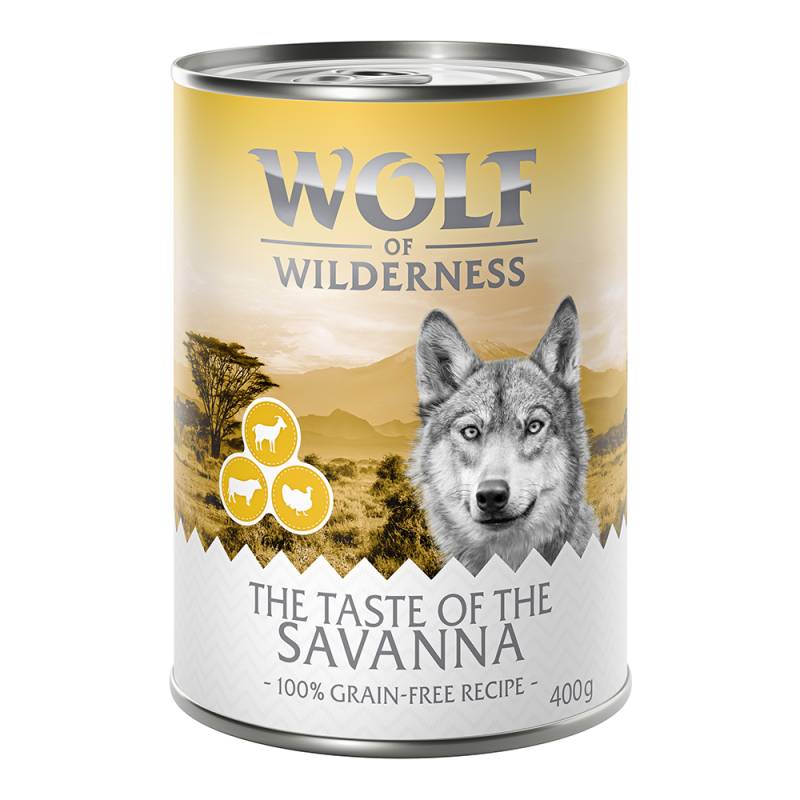 5 + 1 gratis! 6 x 400 g Wolf of Wilderness  - Savanna - Pute, Rind, Ziege von Wolf of Wilderness