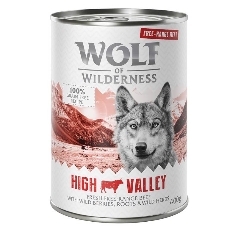 6 x 400 g  Wolf of Wilderness mit Freilandfleisch/-innereien zum Probierpreis! - High Valley - Freiland-Rind von Wolf of Wilderness