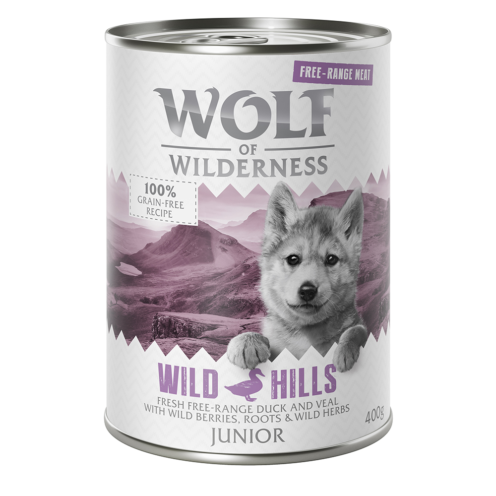 6 x 400 g  Wolf of Wilderness mit Freilandfleisch/-innereien zum Probierpreis! - Junior Freiland-Ente & -Kalb von Wolf of Wilderness