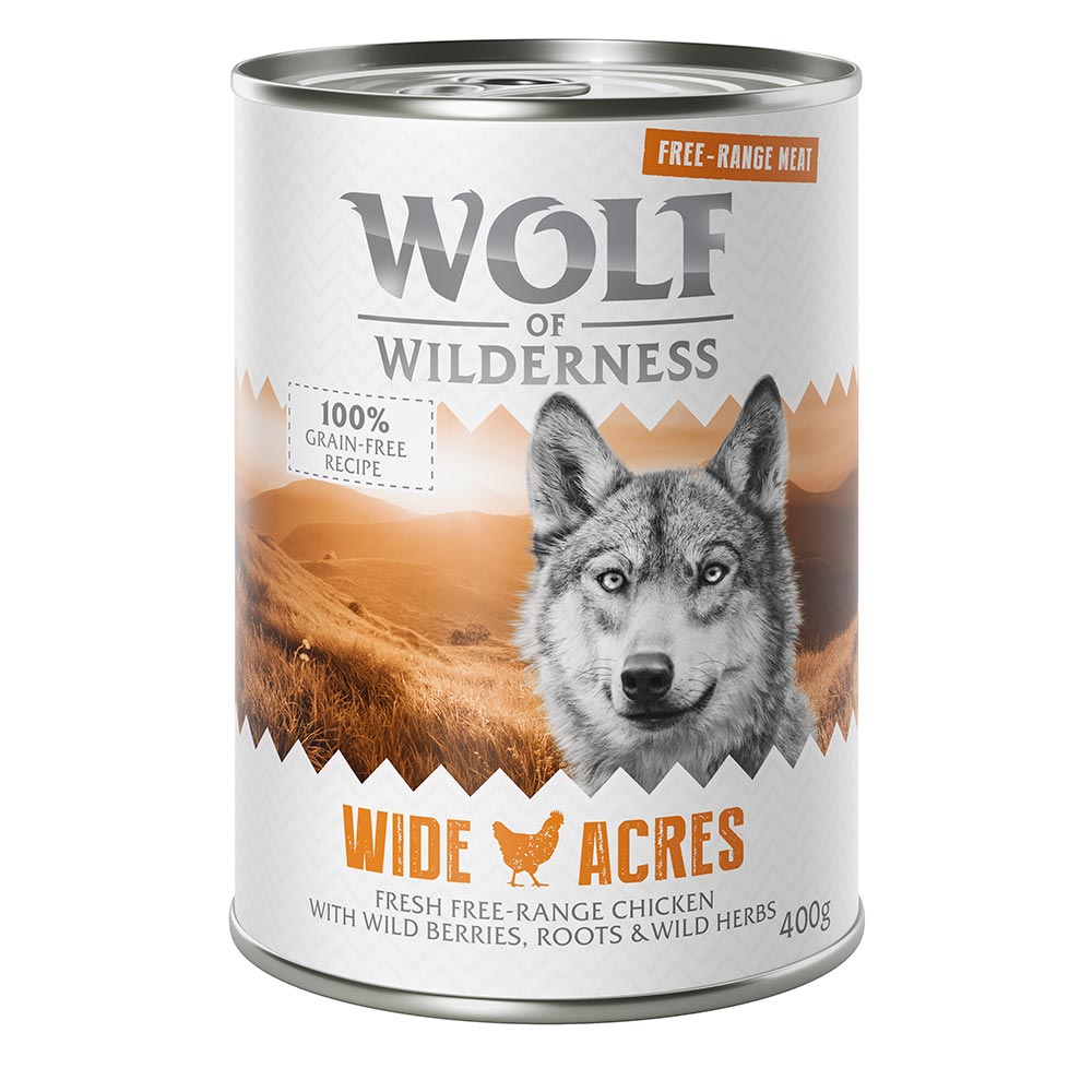 6 x 400 g  Wolf of Wilderness mit Freilandfleisch/-innereien zum Probierpreis! - Wide Acres - Freiland-Huhn von Wolf of Wilderness