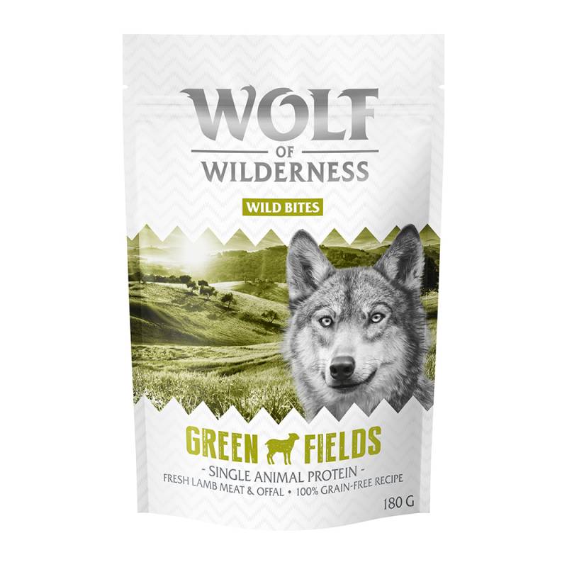 Bis zu 20% Rabatt! 2 x 180 g Wolf of Wilderness "Wild Bites" Snacks - Green Fields - Lamm (Monoprotein) von Wolf of Wilderness