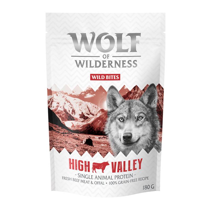 Bis zu 20% Rabatt! 2 x 180 g Wolf of Wilderness "Wild Bites" Snacks - High Valley - Rind (Monoprotein) von Wolf of Wilderness