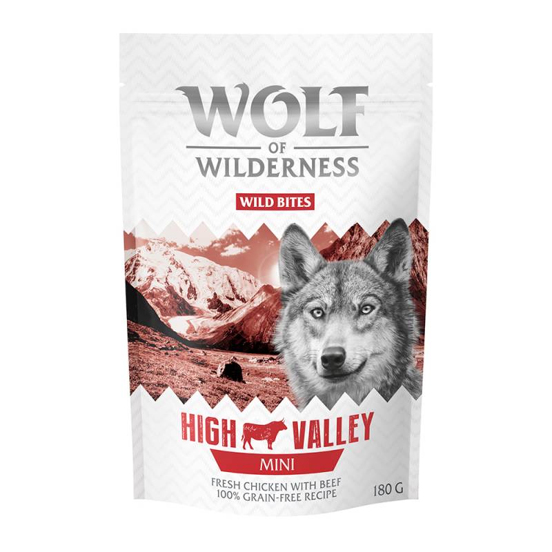 Bis zu 20% Rabatt! 2 x 180 g Wolf of Wilderness "Wild Bites" Snacks - MINI High Valley - Rind & Huhn (kleine Würfel) von Wolf of Wilderness