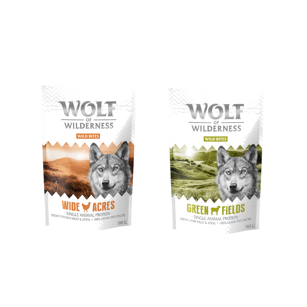 Bis zu 20% Rabatt! 2 x 180 g Wolf of Wilderness "Wild Bites" Snacks - Mix: Huhn, Lamm (Monoprotein) von Wolf of Wilderness