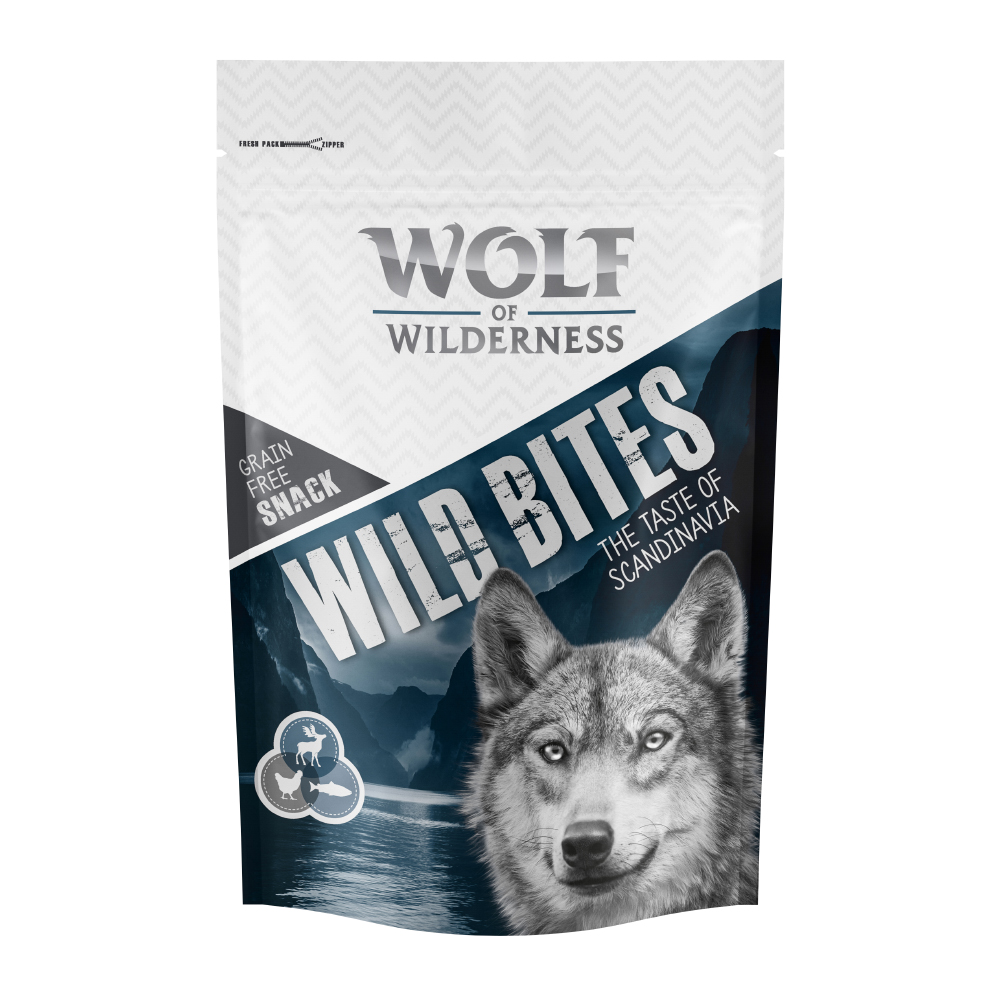 Bis zu 20% Rabatt! 2 x 180 g Wolf of Wilderness "Wild Bites" Snacks - The Taste Of Scandinavia - Elch, Seelachs, Huhn von Wolf of Wilderness