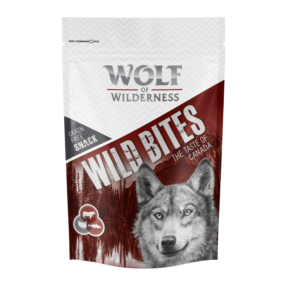 Bis zu 20% Rabatt! 2 x 180 g Wolf of Wilderness "Wild Bites" Snacks - The Taste of Canada - Rind, Pute, Kabeljau von Wolf of Wilderness