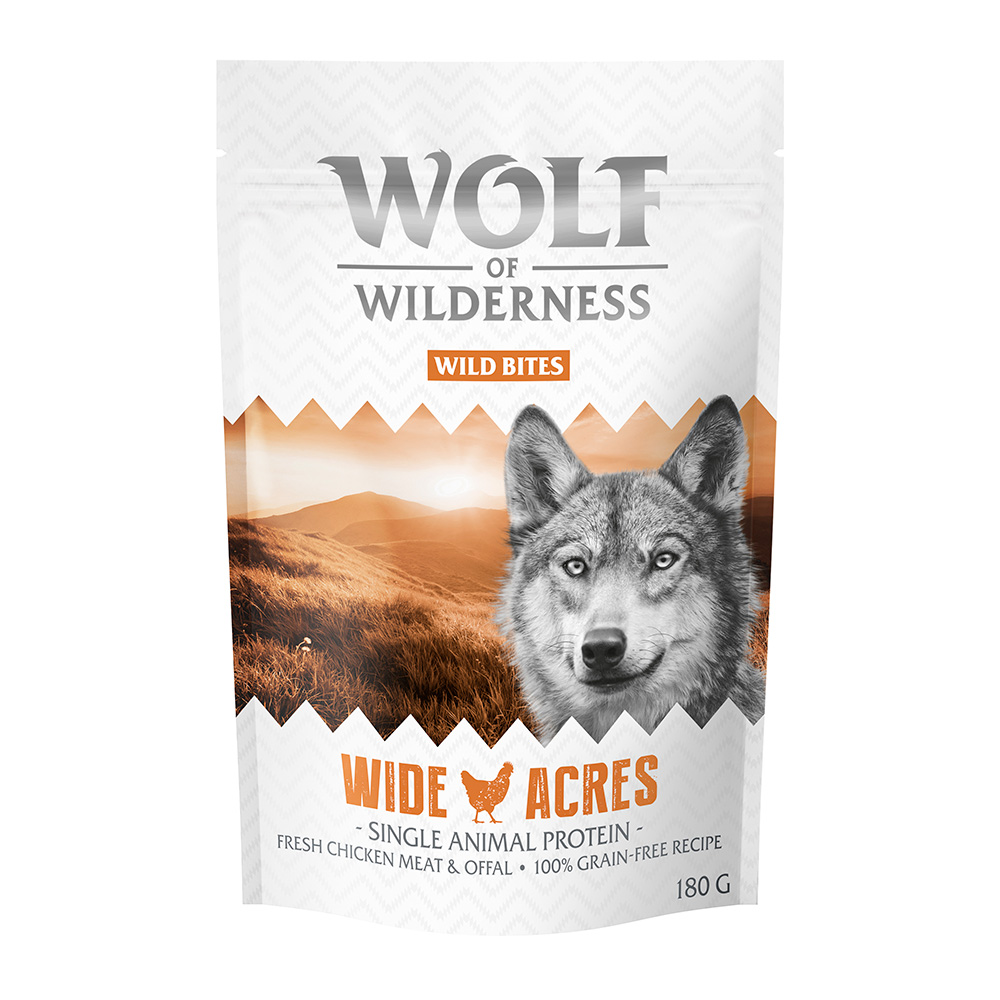 Bis zu 20% Rabatt! 2 x 180 g Wolf of Wilderness "Wild Bites" Snacks - Wide Acres - Huhn (Monoprotein) von Wolf of Wilderness