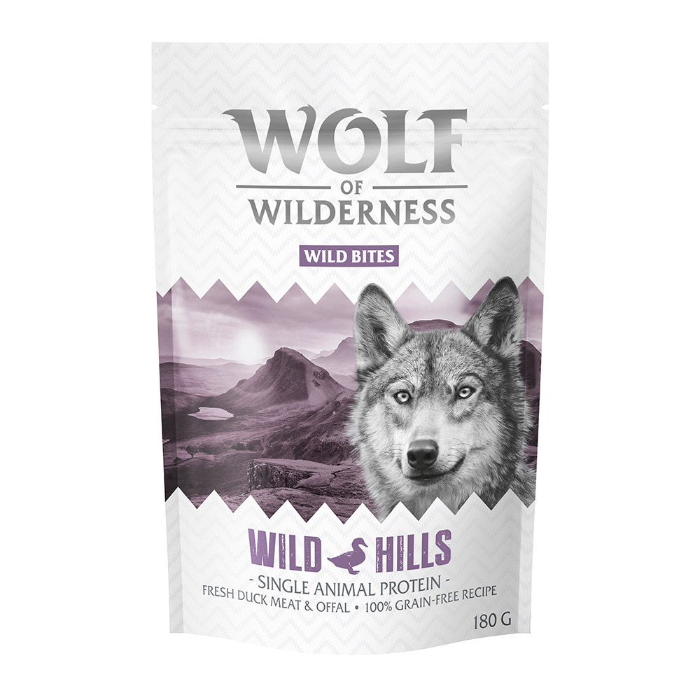 Bis zu 20% Rabatt! 2 x 180 g Wolf of Wilderness "Wild Bites" Snacks - Wild Hills - Ente (Monoprotein) von Wolf of Wilderness