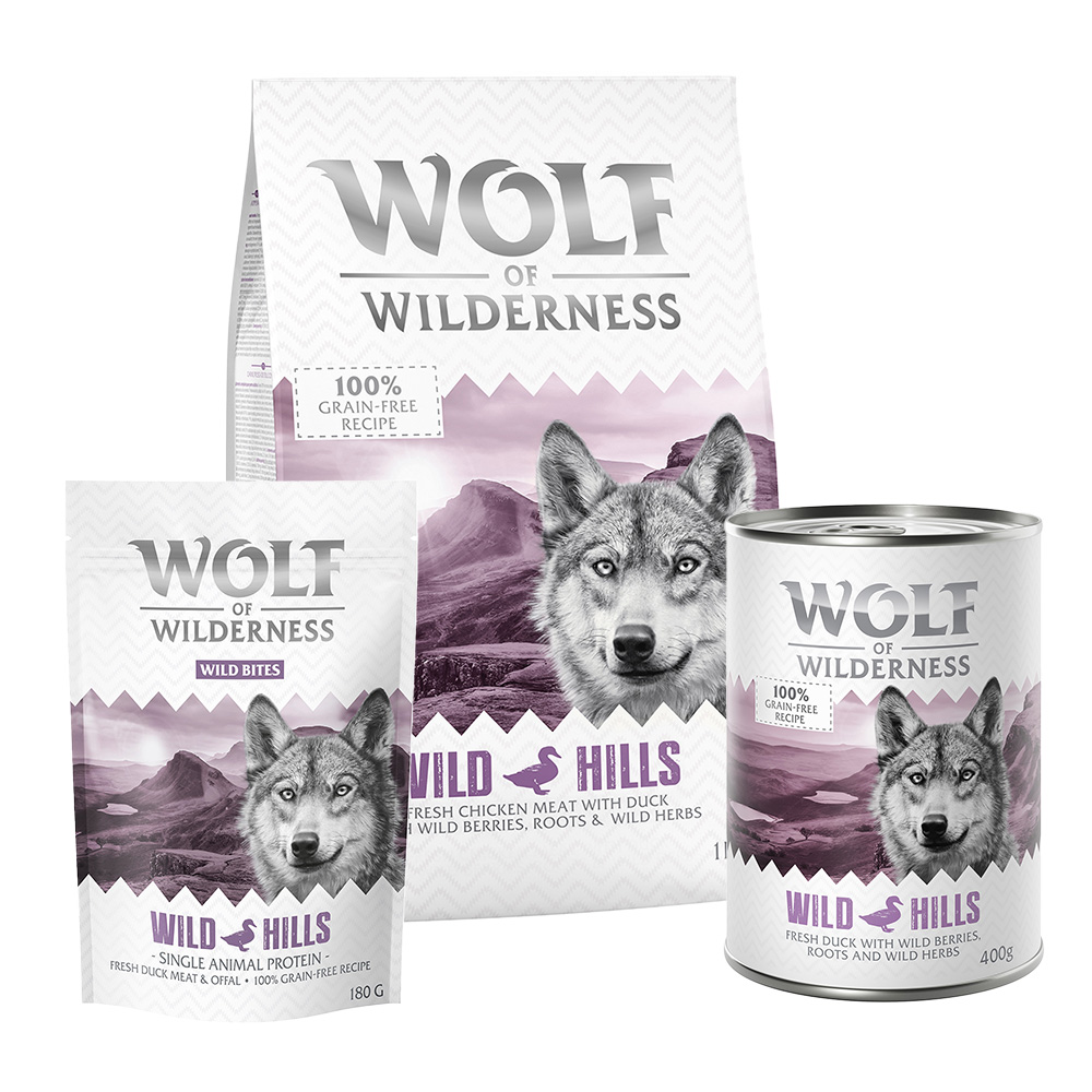 Kombi-Special: Wolf of Wilderness: Trocken-, Nassfutter, Snacks - Classic-Set "Wild Hills" - Ente von Wolf of Wilderness