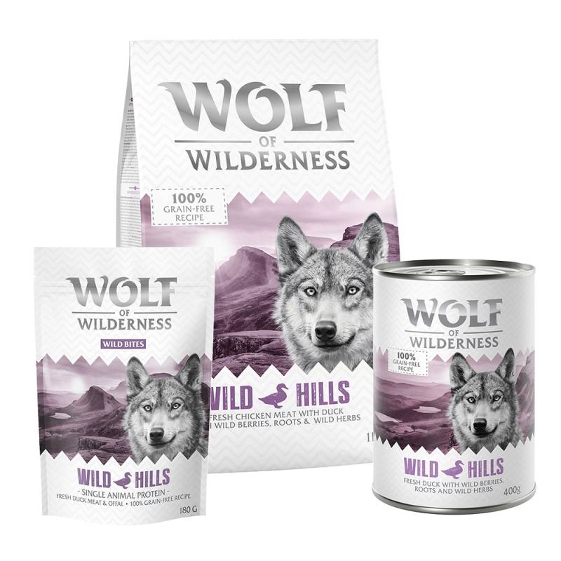 Kombi-Special: Wolf of Wilderness: Trocken-, Nassfutter, Snacks - Classic-Set "Wild Hills" - Ente von Wolf of Wilderness