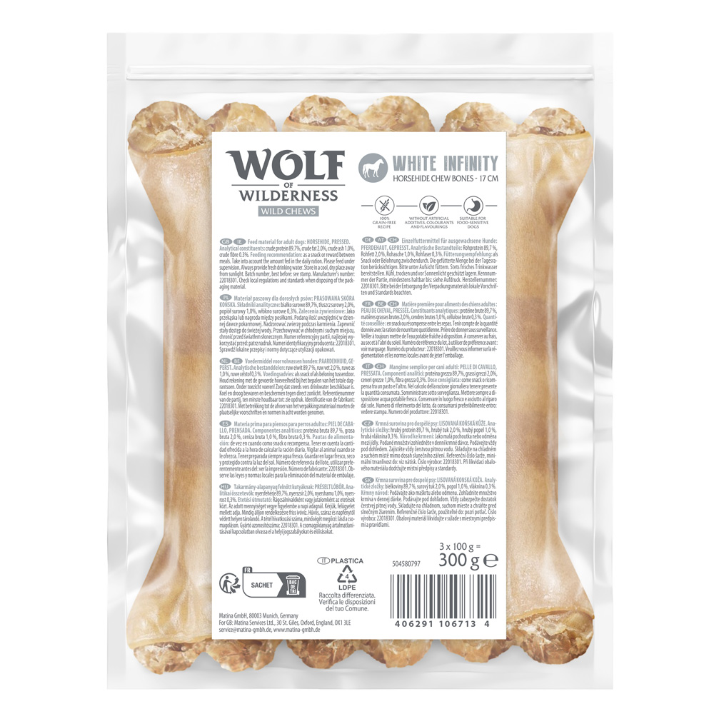 Wolf of Wildenress Kauknochen aus Pferdehaut "White Infinity" - Sparpaket 9 x 17cm Wolf of Wildenress Kauknochen aus Pferdehaut "White Infinity" - Sparpaket 9 x 17cm von Wolf of Wilderness