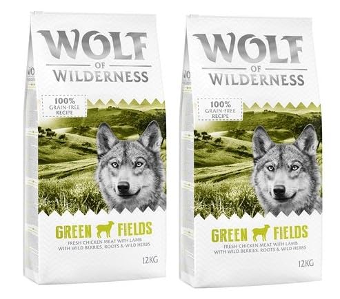 Wolf of Wilderness Adult "Green Fields" - Lamm, Premium Trockenfutter 100% Getreide- und Glutenfrei Angereichert mit Waldfrüchten, Wildkräutern und Wurzeln 2 x 12 kg von Wolf of Wilderness