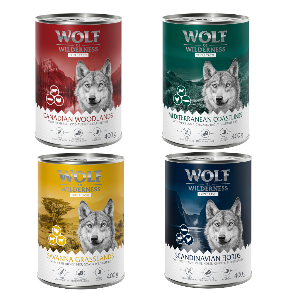 Wolf of Wilderness Adult - "Taste of" 6 / 24 x 400 g - 24 x 400 g: Mixpaket of 6x Canada, 6x Scandinavia, 6x Mediterranean, 6x Savanna Wolf of Wilderness Adult - "Taste of" 6 / 24 x 400 g - 24 x 400 g: Mixpaket of 6x Canada, 6x Scandinavia, 6x Mediterranean, 6x Savanna von Wolf of Wilderness