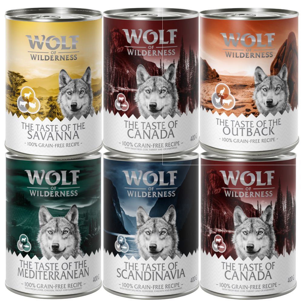 Wolf of Wilderness Adult - "Triple Taste" 6 / 24 x 400 g - 6 x 400g: Mixpaket Canada, Scandinavia, Mediterranean, Outback, Savanna Wolf of Wilderness Adult - "Triple Taste" 6 / 24 x 400 g - 6 x 400g: Mixpaket Canada, Scandinavia, Mediterranean, Outback, Savanna von Wolf of Wilderness
