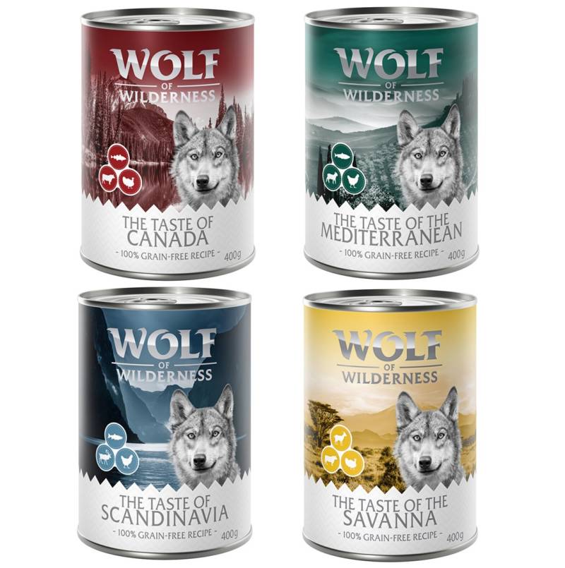 Wolf of Wilderness Adult - "The Taste Of" 6 x 400 g - 24 x 400 g: Mixpaket 6x Canada, 6x Scandinavia, 6x Mediterranean, 6x Savanna von Wolf of Wilderness