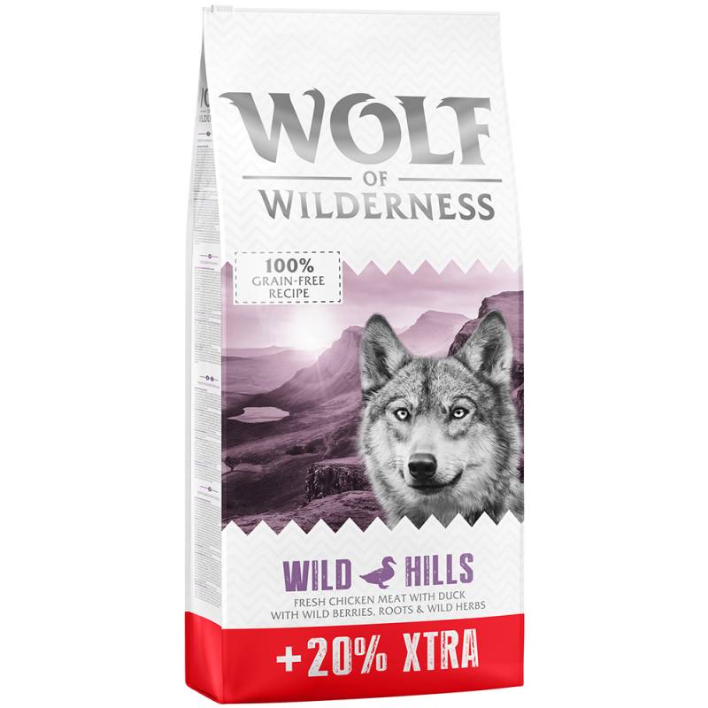 Wolf of Wilderness Adult "Wild Hills" Ente - getreidefrei - 12 + 2,4 kg gratis! 14,4 kg von Wolf of Wilderness