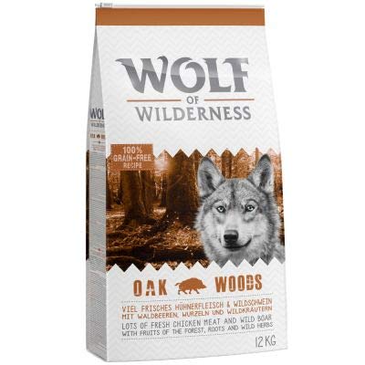 Wolf of Wilderness "Eichenholz" Premium Trockenfutter 100% Getreide- und Glutenfrei angereichert mit Waldfrüchten, Wildkräuter und Wurzeln 12 kg von Wolf of Wilderness