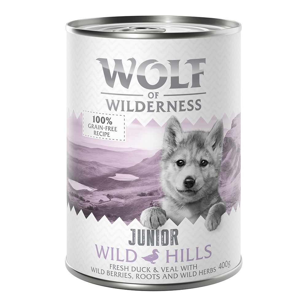 Wolf of Wilderness JUNIOR  6/24 x 400 g - 24 x 400 g Junior Wild Hills - Ente & Kalb von Wolf of Wilderness