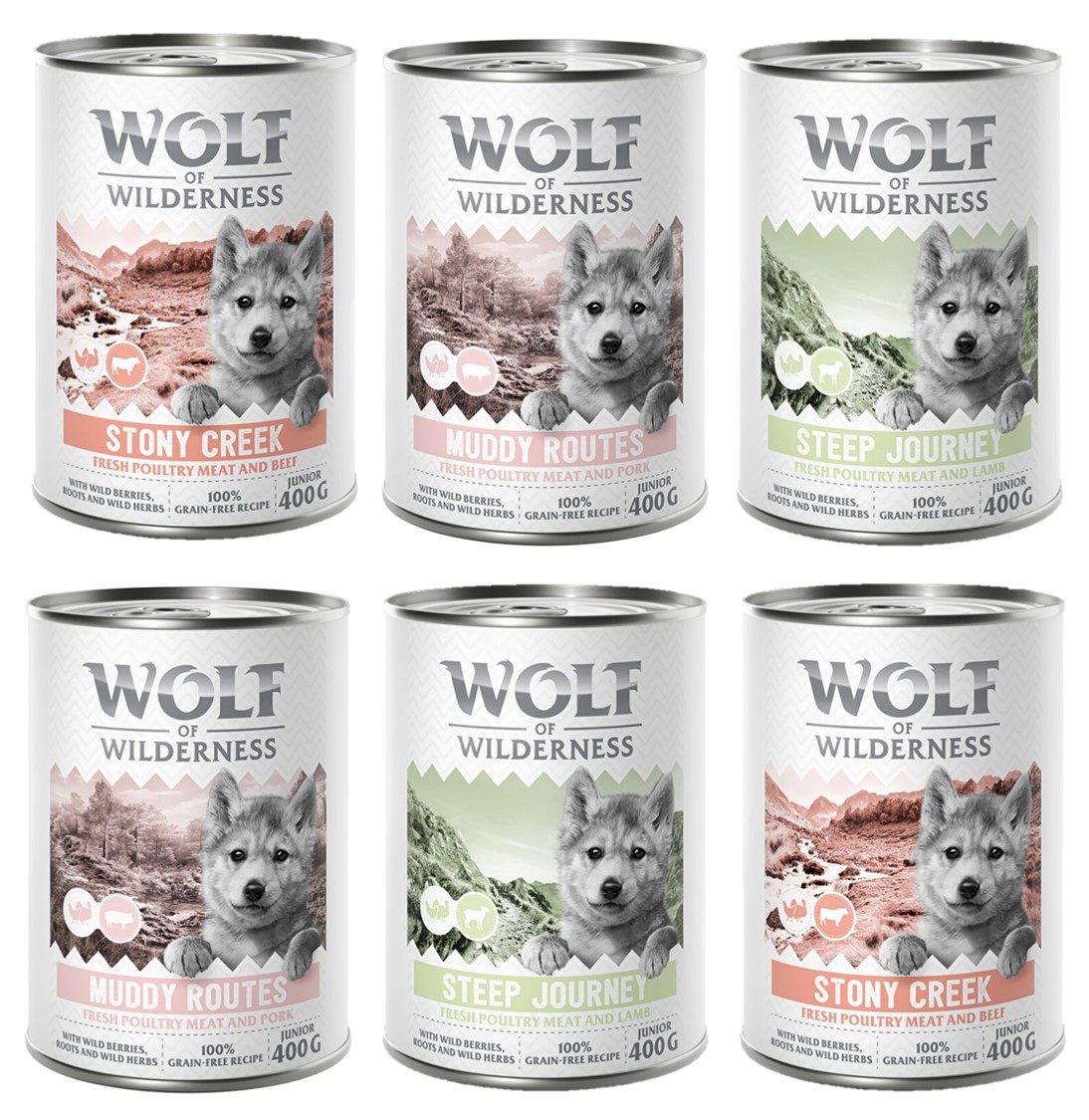 Wolf of Wilderness Junior - mit viel frischem Geflügel 6 x 400 g - Mixpaket von Wolf of Wilderness