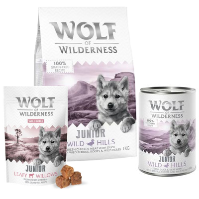 Wolf of Wilderness Junior Probierpaket - 3-er Set Ente & Kalb: Trockenfutter, Nassfutter, Snack von Wolf of Wilderness