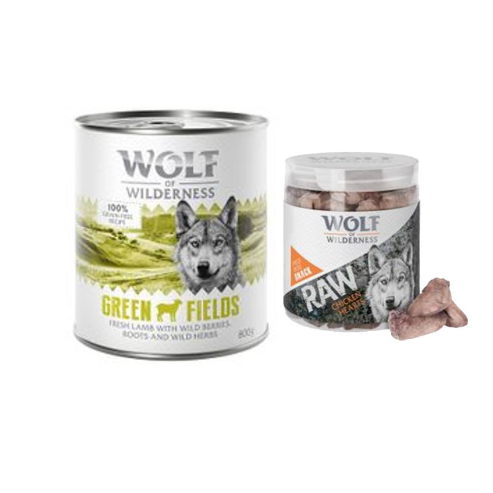 Wolf of Wilderness Kombi-Paket: 24 x 800 g Nassfutter + 4 x 70 g RAW Snacks - Green Fields - Lamm + Hühnerherzen von Wolf of Wilderness