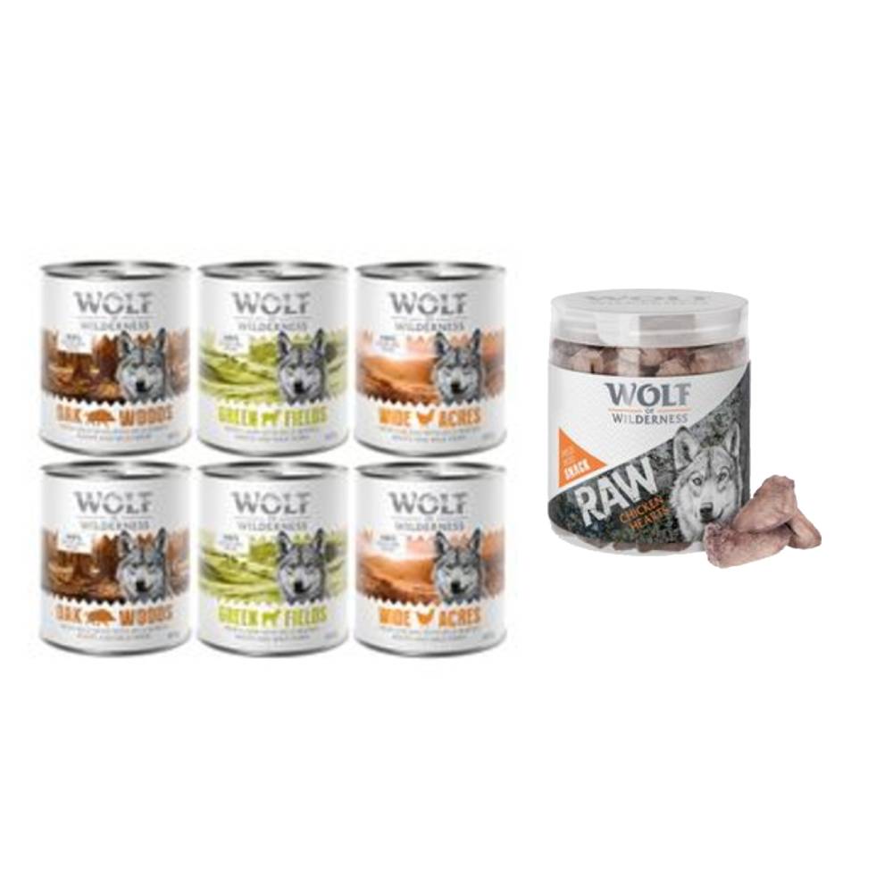 Wolf of Wilderness Kombi-Paket: 24 x 800 g Nassfutter + 4 x 70 g RAW Snacks - Mixpaket: Wildschwein, Huhn, Lamm + Hühnerherzen von Wolf of Wilderness