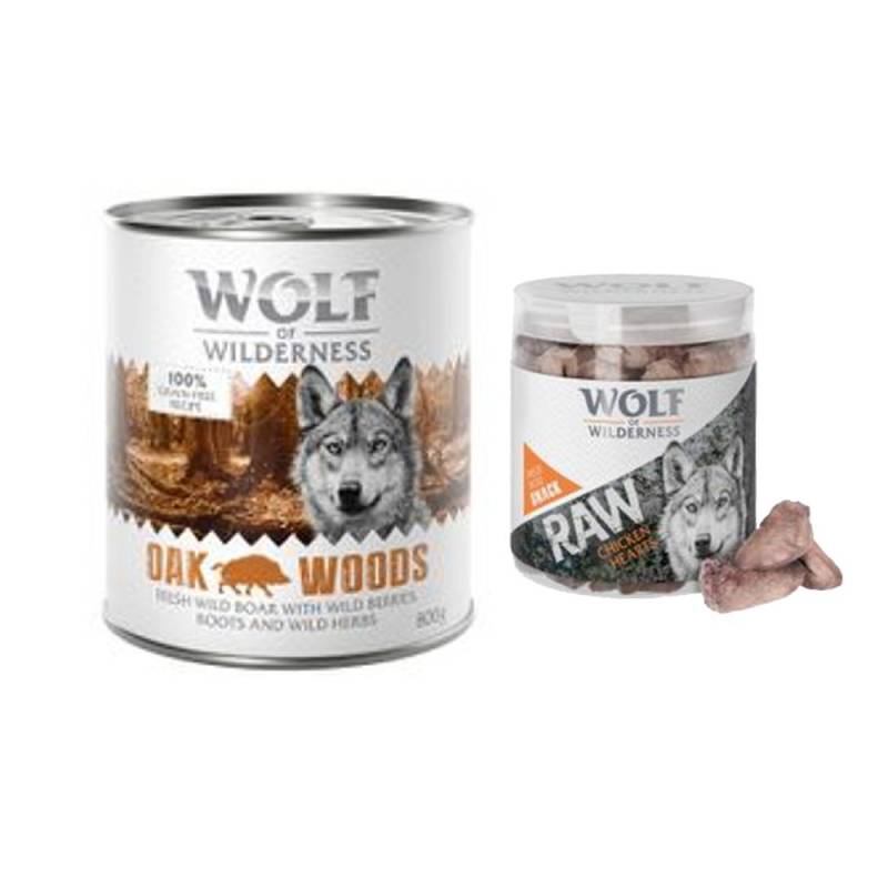 Wolf of Wilderness Kombi-Paket: 24 x 800 g Nassfutter + 4 x 70 g RAW Snacks - Oak Woods - Wildschwein + Hühnerherzen von Wolf of Wilderness