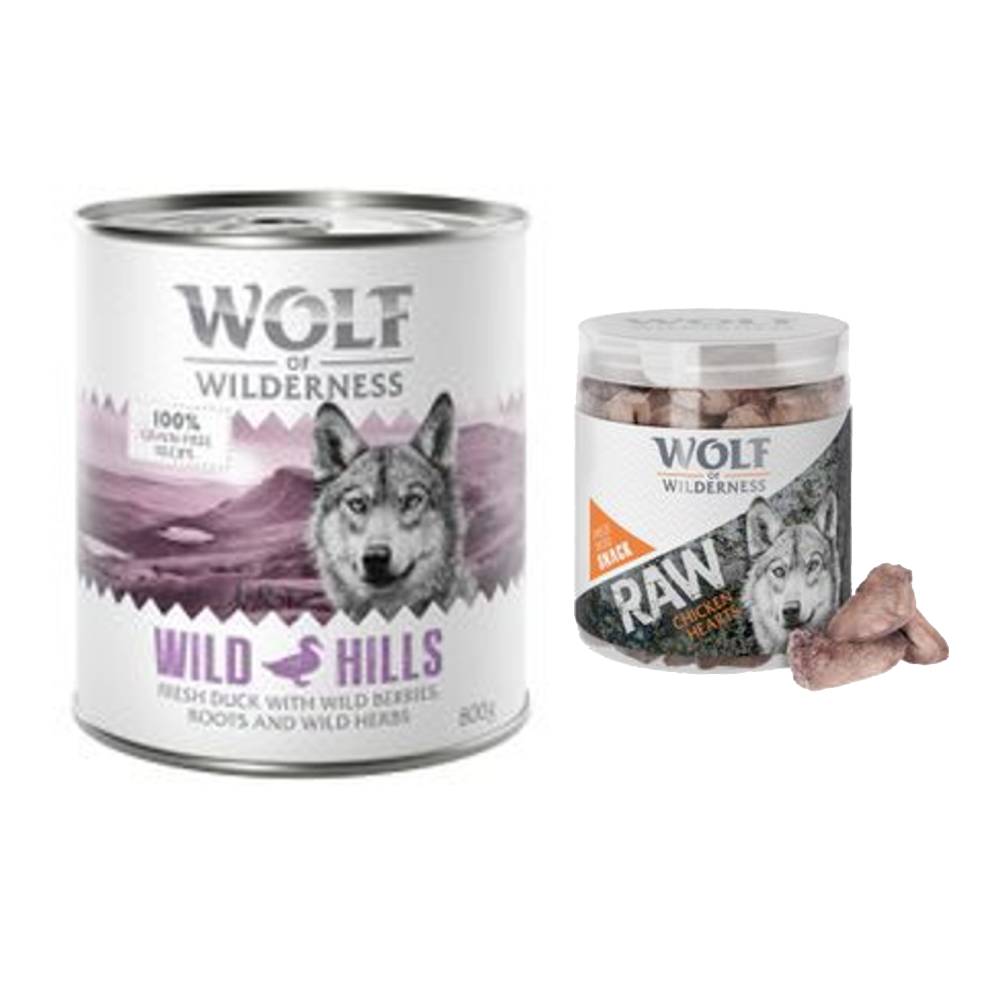 Wolf of Wilderness Kombi-Paket: 24 x 800 g Nassfutter + 4 x 70 g RAW Snacks - White Infinity - Pferd + Hühnerherzen von Wolf of Wilderness