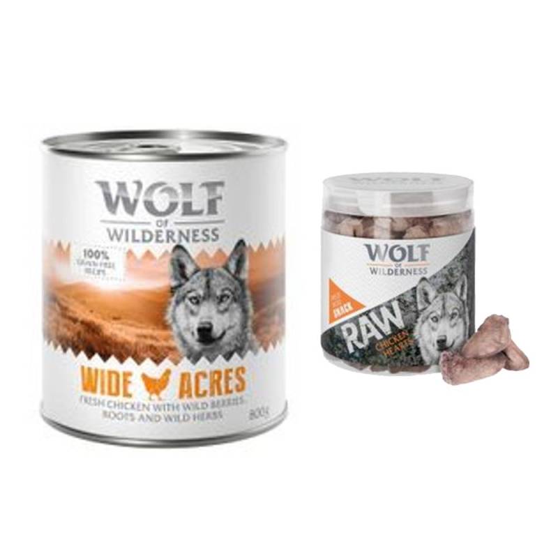 Wolf of Wilderness Kombi-Paket: 24 x 800 g Nassfutter + 4 x 70 g RAW Snacks - Wide Acres - Huhn + Hühnerherzen von Wolf of Wilderness