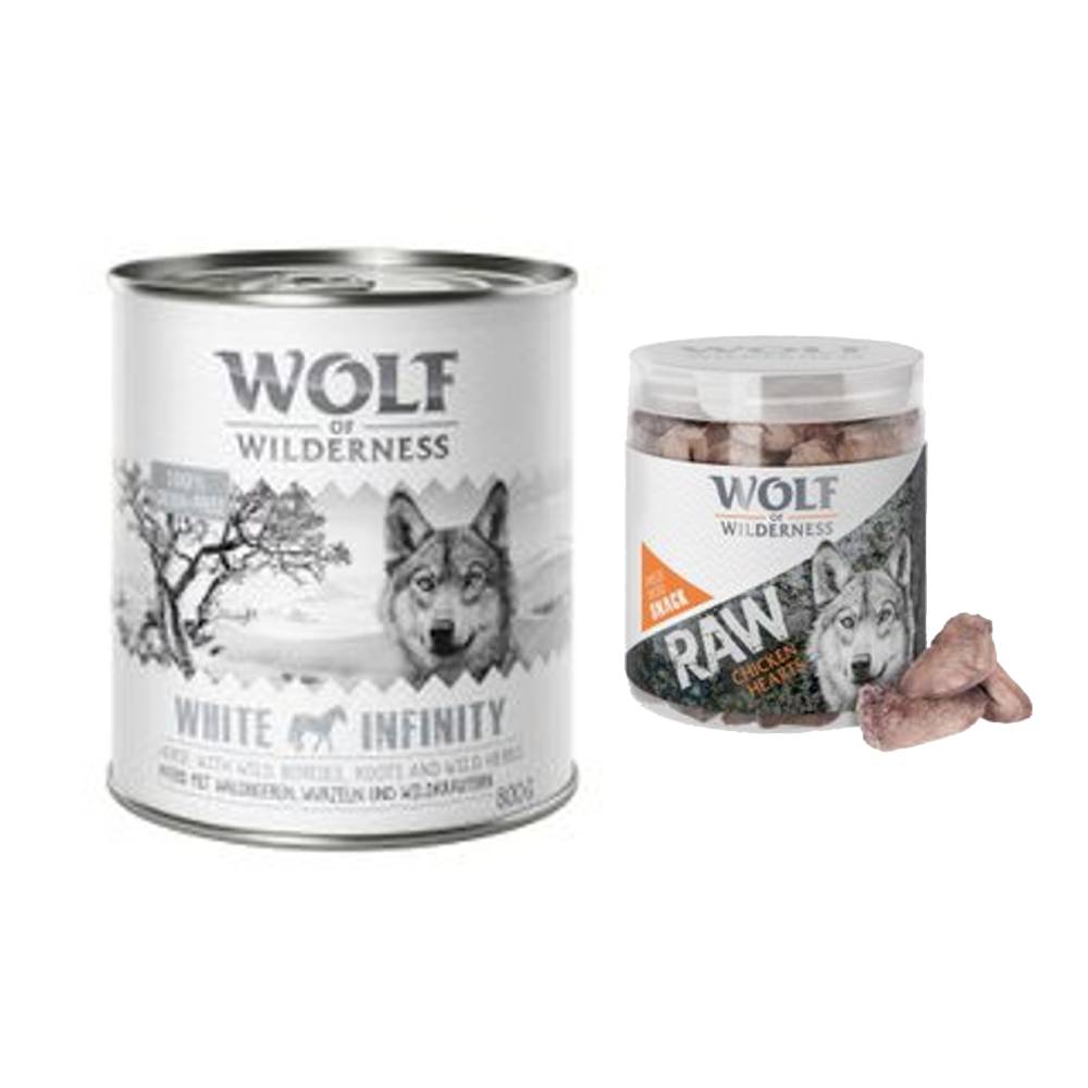 Wolf of Wilderness Kombi-Paket: 24 x 800 g Nassfutter + 4 x 70 g RAW Snacks - Wild Hills - Ente + Hühnerherzen von Wolf of Wilderness