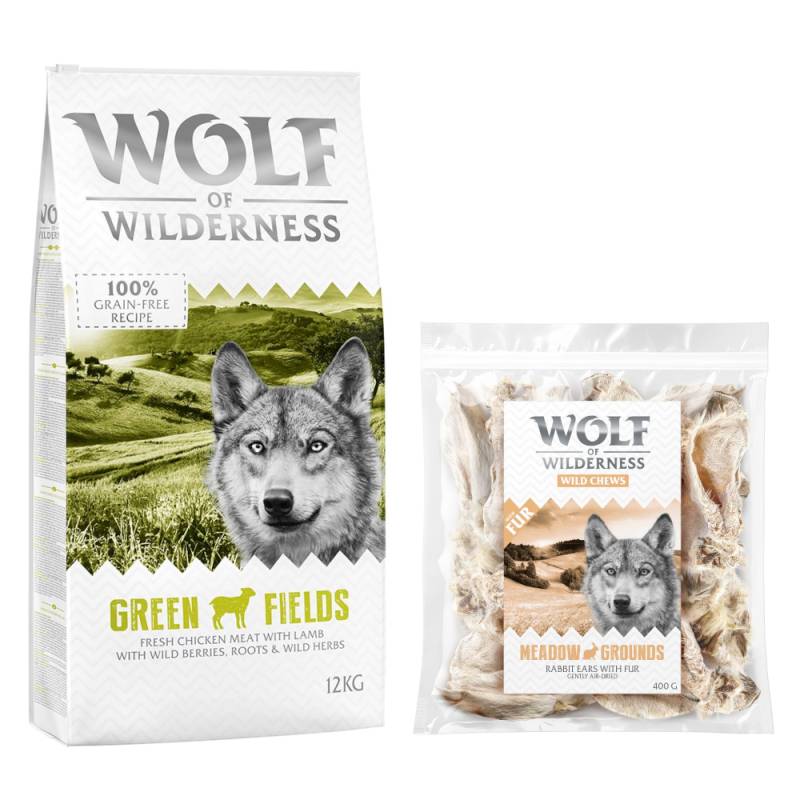 Wolf of Wilderness Kombi-Paket: Adult Trockenfutter + 3 x Kaninchenohren mit Fell Snacks - 12 kg Green Fields - Lamm + 3 x 400 g Snacks von Wolf of Wilderness