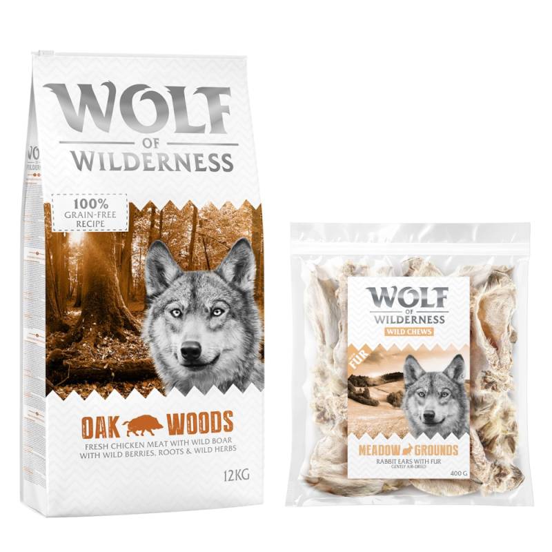 Wolf of Wilderness Kombi-Paket: Adult Trockenfutter + 3 x Kaninchenohren mit Fell Snacks - 12 kg Oak Woods - Wildschwein + 3 x 400 g Snacks von Wolf of Wilderness