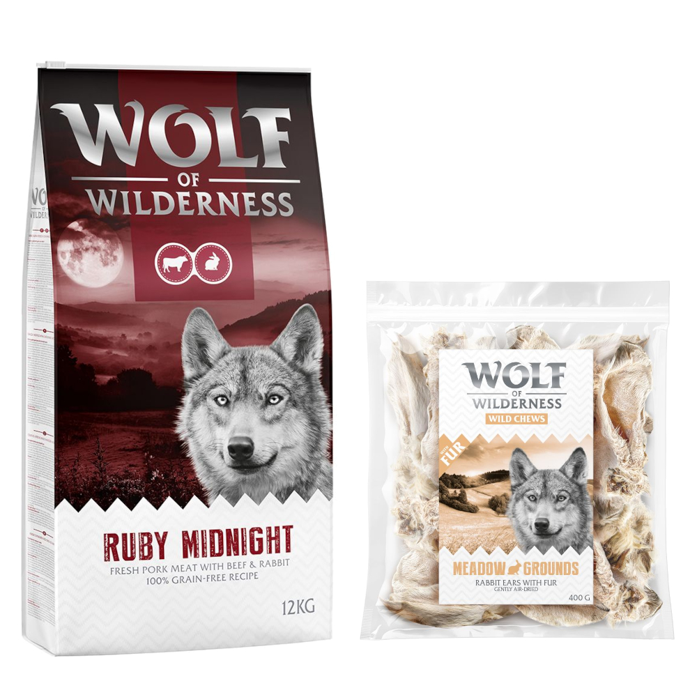 Wolf of Wilderness Kombi-Paket: Adult Trockenfutter + 3 x Kaninchenohren mit Fell Snacks - 12 kg Ruby Midnight - Rind & Kaninchen + 3 x 400 g Snacks von Wolf of Wilderness