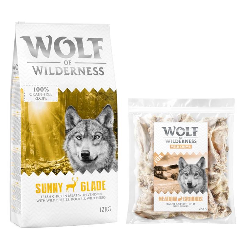 Wolf of Wilderness Kombi-Paket: Adult Trockenfutter + 3 x Kaninchenohren mit Fell Snacks - 12 kg Sunny Glade - Hirsch + 3 x 400 g Snacks von Wolf of Wilderness