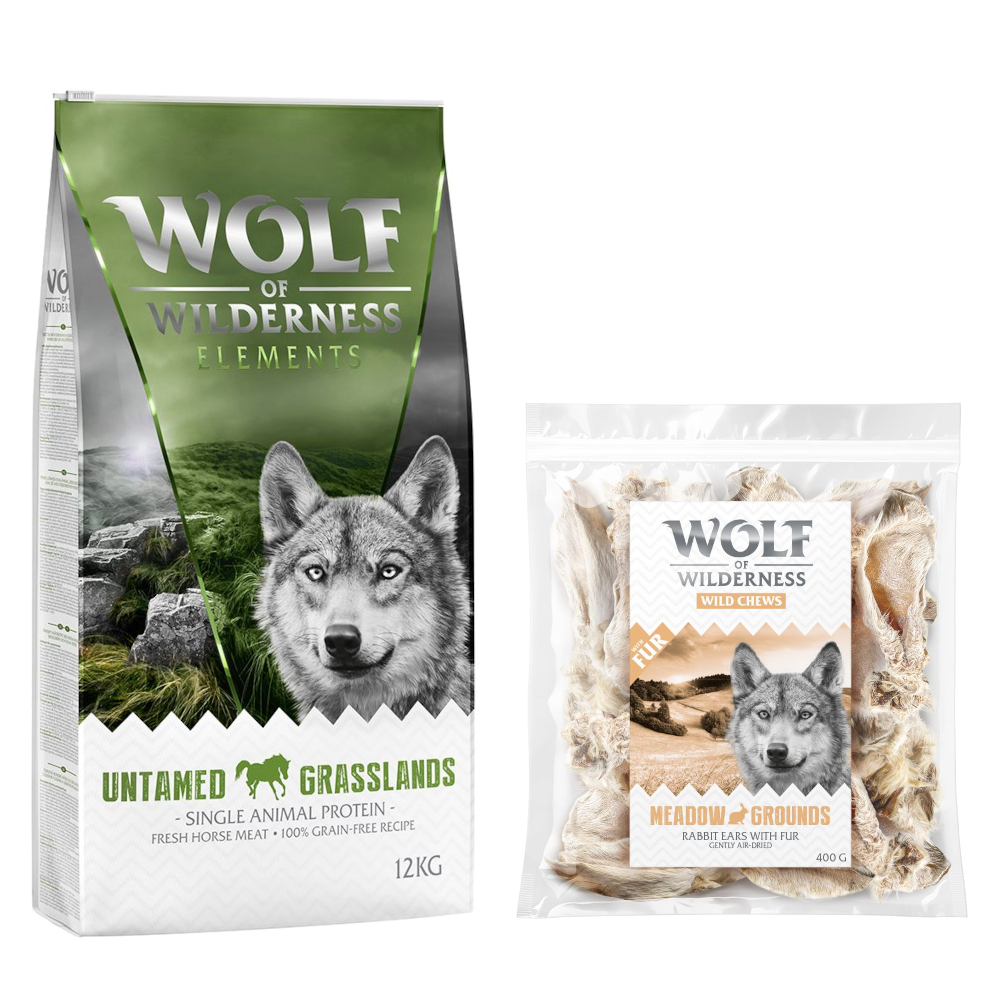 Wolf of Wilderness Kombi-Paket: Adult Trockenfutter + 3 x Kaninchenohren mit Fell Snacks - 12 kg Untamed Grasslands - Pferd + 3 x 400 g Snacks von Wolf of Wilderness