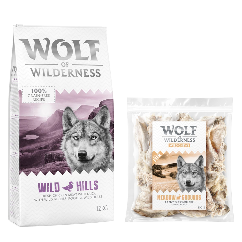 Wolf of Wilderness Kombi-Paket: Adult Trockenfutter + 3 x Kaninchenohren mit Fell Snacks - 12 kg Wild Hills - Ente + 3 x 400 g Snacks von Wolf of Wilderness