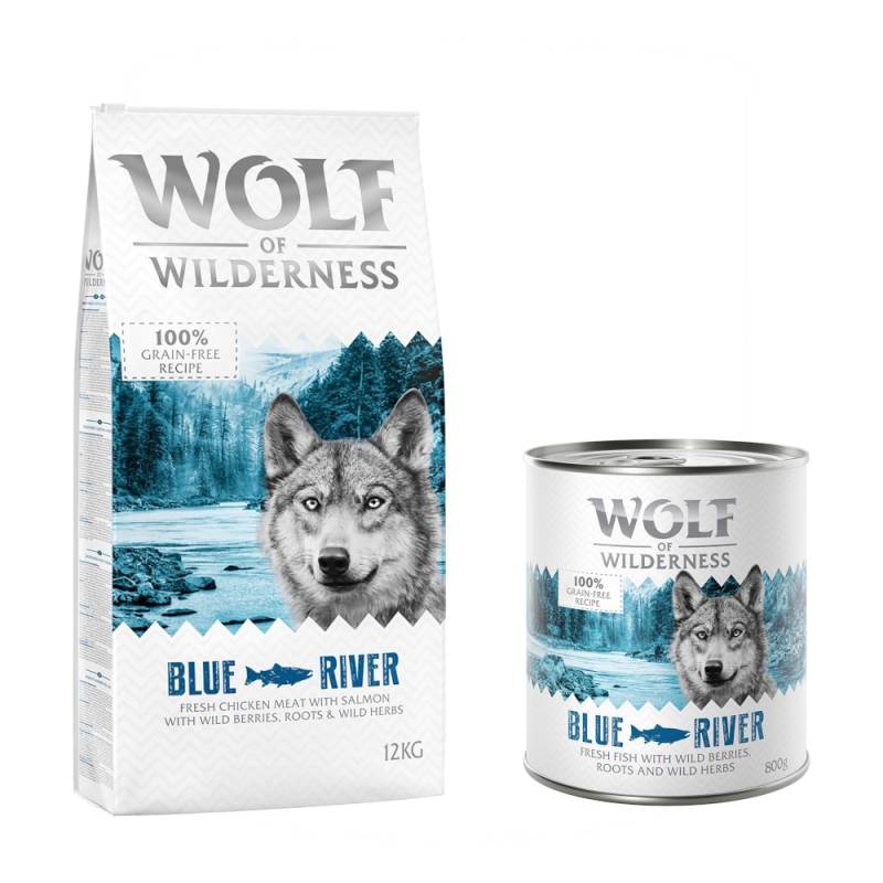 Wolf of Wilderness Kombi-Paket: Adult Trockenfutter + passende Nassfutter - 12 kg Blue River - Lachs + 24 x 800 g Blue River - Fisch von Wolf of Wilderness