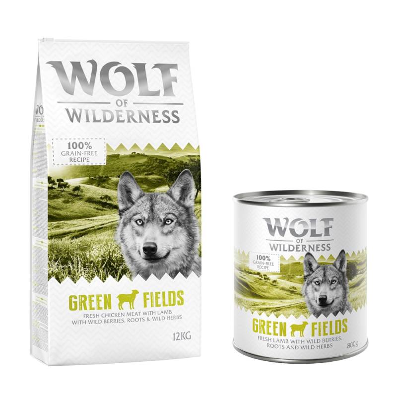 Wolf of Wilderness Kombi-Paket: Adult Trockenfutter + passende Nassfutter - 12 kg Green Fields - Lamm + 24 x 800 g Green Fields - Lamm von Wolf of Wilderness