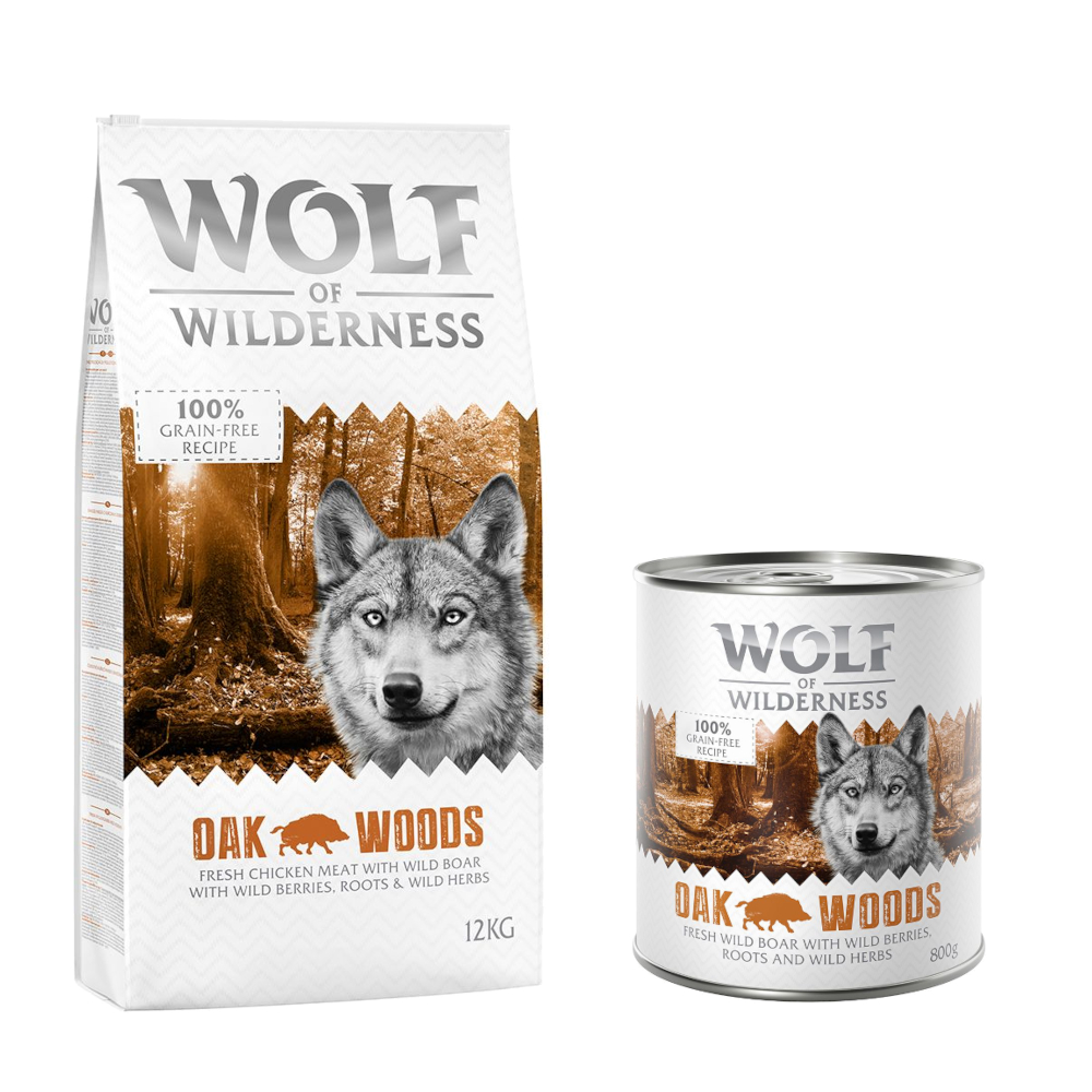 Wolf of Wilderness Kombi-Paket: Adult Trockenfutter + passende Nassfutter - 12 kg Oak Woods - Wildschwein + 24 x 800 g Oak Woods - Wildschwein von Wolf of Wilderness